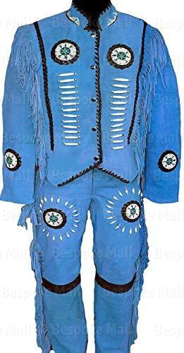 Pre-owned Handmade Men's Native American Western Blue Suede Leather 2pc Suit Bone Beads-614 In White