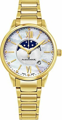 Pre-owned Alexander Monarch Vassilis Moon Phase Mop Women Swiss Quartz Ss Watch A204b-05