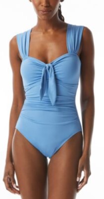 CARMEN MARC VALVO Front Tie One PC Swimsuit Size 10 Riviera Blue Retail $142