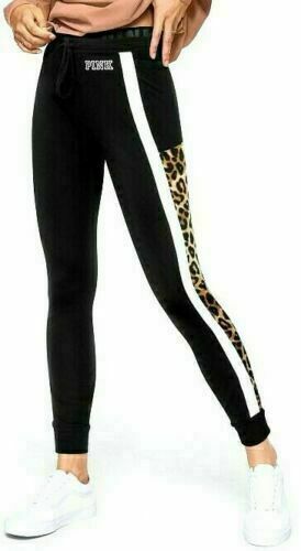 Pre-owned Victoria's Secret Pink Campus Tee Shirt + Leggings Set Black Leopard M L Nip