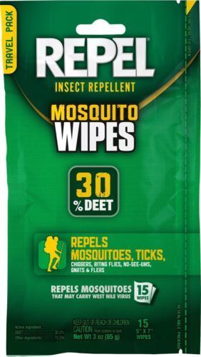 Repel Mosquito Repellent 30% DEET Ticks Chiggers Gnats Bugs Wipes 15 Pack LG QTY
