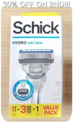 Schick Hydro Men Razor, Dry Skin, 1 Handle + 3 Cartridges, 30% Off on 2nd