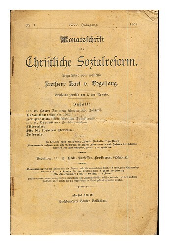 V. Vogellang, Freiherr Karl Monatsschrift Fï¿½R Christliche Sozialreform: Nr. I: X