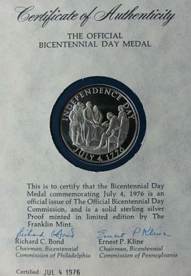 Official Silver Bicentennial Day Commemorative Medal – July 4, 1976   -L#1177