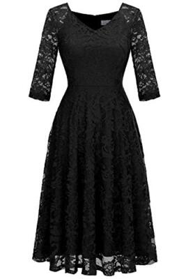 Dressystar Long-Sleeve A-Line Lace Bridesmaid Dress Midi Formal Party L Black
