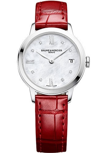 Pre-owned Baume Et Mercier Baume & Mercier White Mother-of-pearl Dial Shiny Red Alligator Strap Watch