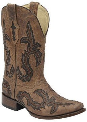 Pre-owned Corral Men's Tan With Chocolate Inlay Square Toe Cowboy Boots G1137 In Brown