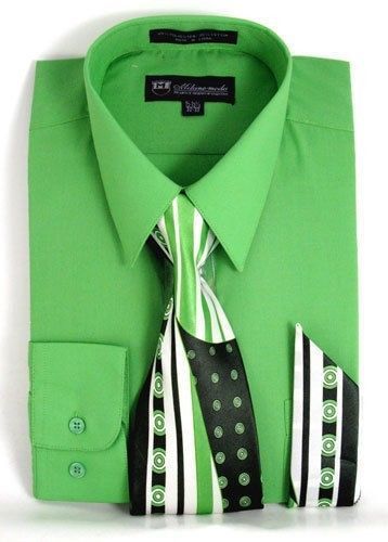 Men's Milano Moda Dress Shirt w/ Tie and Handkerchief Long Sleeve Style SG21