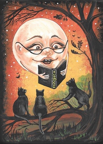 5X7 PRINT OF PAINTING RYTA HALLOWEEN BLACK CAT MAGIC MOON WITCH BATS Folk Art 🍁