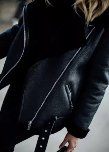 Pre-owned Op Women's Black Raf Aviator Jacket Fur Shearling Real Leather Bomber Jacket Coat