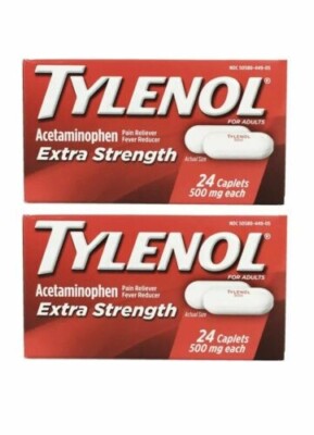 2 BOXES Tylenol Extra Strength 500mg 24 Caplets Each 48 TOTAL EXP 12/2026