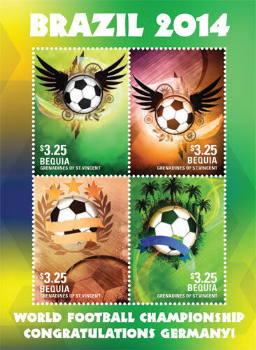 BEQUIA 2014 - WORLD CHAMPIONSHIP 2014 TEAM GERMANY WINS SHEET OF 4 STAMPS MNH