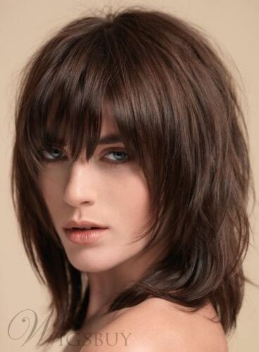 Layered Shag Hairstyle With Full Fringe Middle Length Synthetic