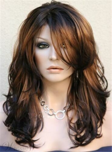Long Layered Wavy Side Swept Fringes Hairstyle Synthetic Womens
