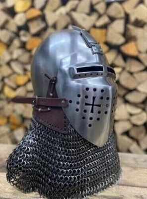 Steel Medieval Knight Viking ROA Bascinet Cross Design Riveted Chainmail Helmet