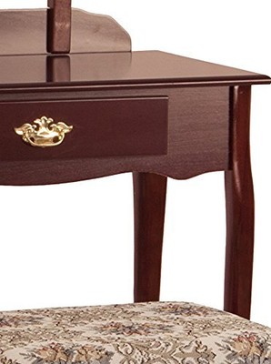 Cherry Finish 3 pc Vanity Set Mirror Wood Table Stool Makeup Drawer Bedroom Desk