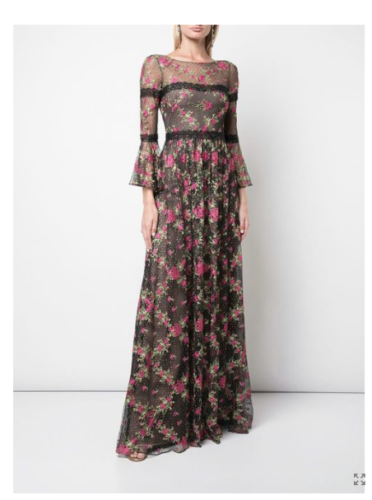 

MARCHESA NOTTE Романтическое черное кружевное платье с цветочной вышивкой и длинными рукавами-колокольчиками  США, Multicolor