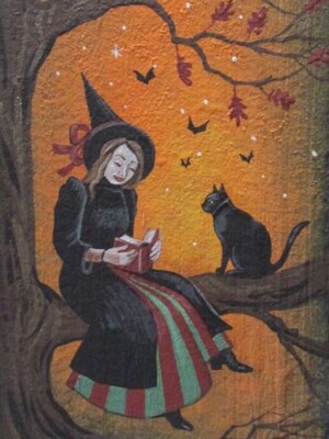 1.5x2 DOLLHOUSE MINIATURE PRINT OF PAINTING RYTA 1:12 SCALE HALLOWEEN witch cat
