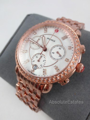 Pre-owned Michele Sidney Rose Gold Diamond Dial Chronograph Watch Mww30a000033 Refurb+ Box