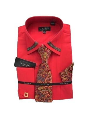 C. Allen Men Red Dress Shirt Tie Hanky Red Gold Black Cuff links Size 17.5 34 35
