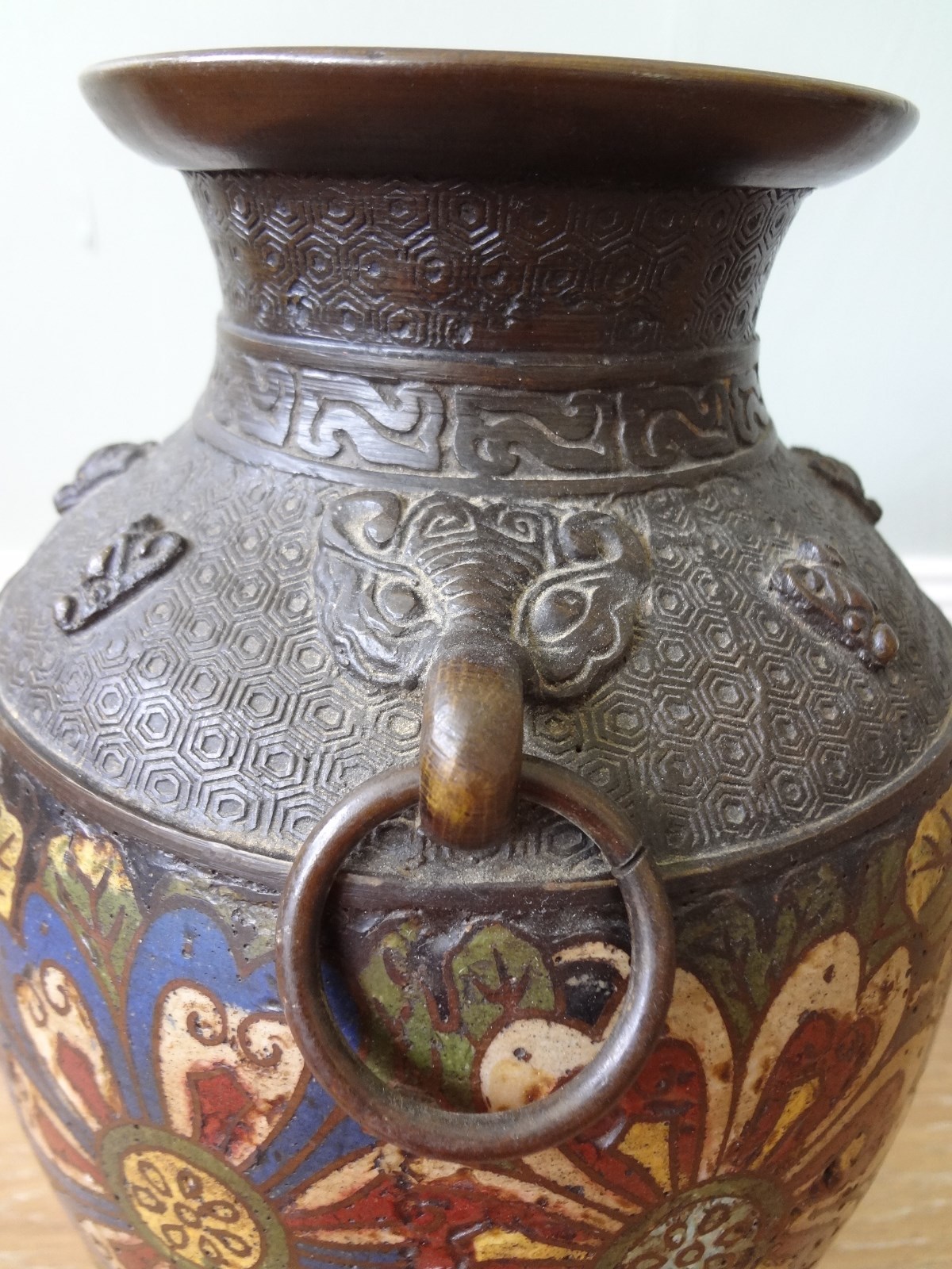 Early Meiji 1870-80s Japanese Bronze Champleve Cloisonne Vase, Hyakusei Seal
