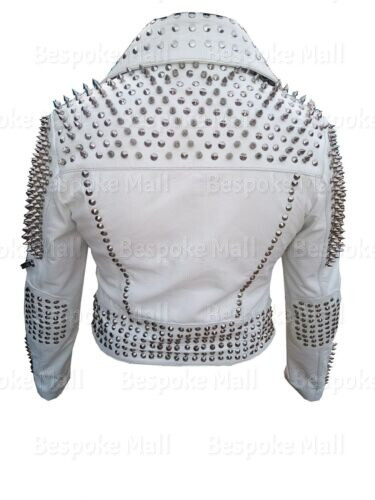 Pre-owned Handmade Woman's Silver Spiked Studded Brando Style Cowhide Biker Leather Jacket-286 In White