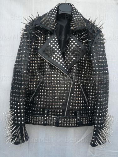 Pre-owned Handmade Men's Full Black Punk Silver Long Spiked Studded Leather Brando Jacket-793