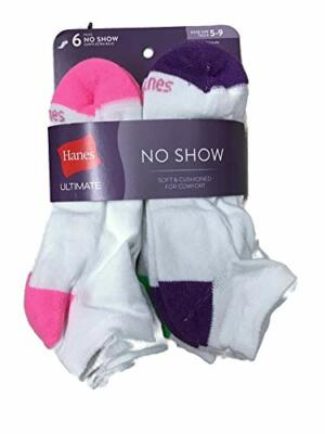 1 -6 pack of Hanes Women's No Show Socks, white color Heel/toe, Shoe Size: 5-9