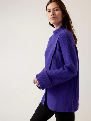 Athleta XS Wool Cashmere Azalea Sweater Noble Blue Mock Neck Wrap