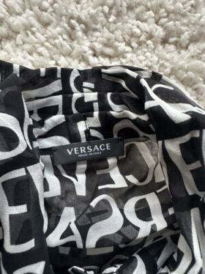 Pre-owned Versace All Over Logo Printed Silk Ladies Shirt Size 44 (us 8) In Black