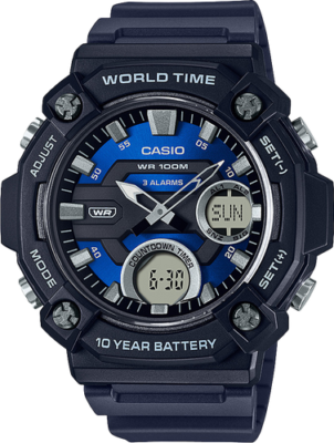 Casio AEQ120W-2AV, цифровой/аналоговый, 3 будильника, батарея на 10 лет, смола, мировое время