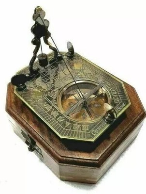 Antique Brass Vintage 4'' Sundial Pendulum Compass with Hardwood Box Marine Gift