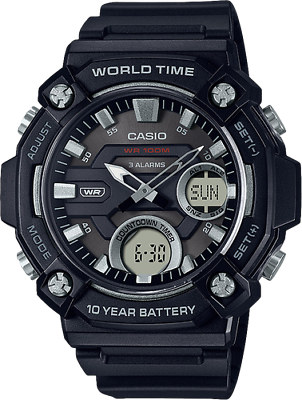 Casio AEQ120W-1AV, цифровой/аналоговый, 3 будильника, батарея на 10 лет, смола, мировое время