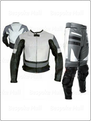 Pre-owned Handmade Men's Motorcycle Racing Gray White Leather Two Piece Suit Safety Pads-555