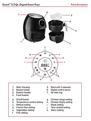 Emeril Lagasse 5.3 QT XL Digital Hot Air Fryer w/Rack, Skewers, Recipe Cards | |