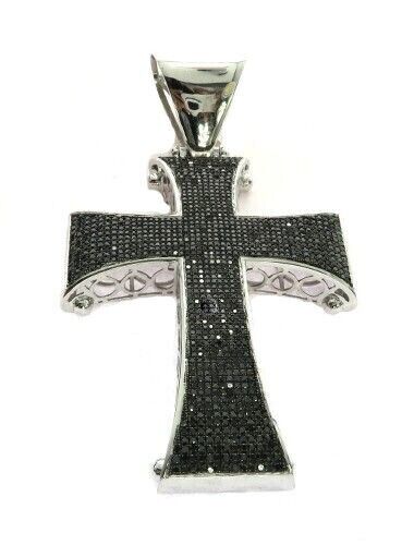 3ct Simulated Black Diamond Mens Large Cross Pendant White Gold Plated Silver