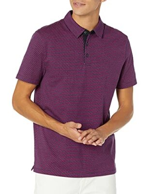 Perry Ellis Men's, Geo Print Ultra Soft Touch Short Sleeve Polo Shirt, Pink, XXL