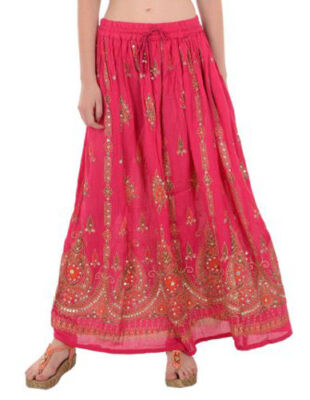 Indian Pink Dye Yoga Women's Sequined Crinkle Broomstick Indian Gypsy Long Skirt