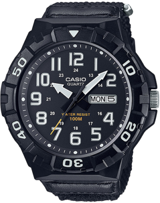 Casio MRW210HB-1BV, увеличенный циферблат, черный нейлоновый ремешок, день недели/дата, дистанция 100 м