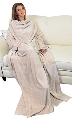  Wearable Blanket with Sleeves and Pocket, Cozy Soft Fleece Mink Micro Latte