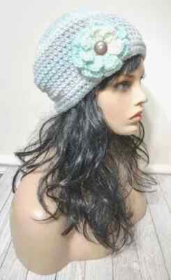 handmade crochet womans flower beanie hat simply pale blue gray USA new