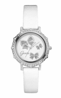 NEW GUESS SILVER,CRYSTALS,WHITE PYTHON LEATHER BAND,MOP,BUTTERFLY WATCH-U0302L1