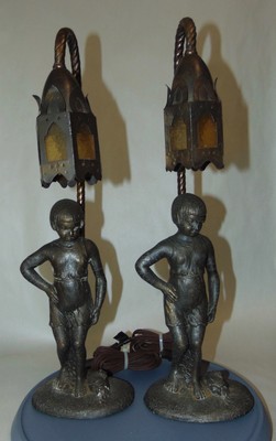 RARE VINTAGE Arts amp Crafts Era Metal Lamps LITTLE GIRL Slag Glass Shades