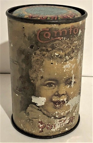 1890'S ANTIQUE ADVERTISING TIN LITHO COMFORT TALCUM POWDER TIN CAN BABY CHILD NR