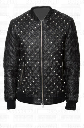 Pre-owned Handmade Men's Custom Unique Silver Black Studded Quilted Biker Leather Jacket-418