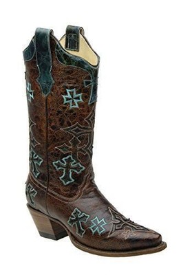 Pre-owned Corral Boots Corral Women's Whiskey/turquoise Three Cross Vamp And Tube Snip Toe Boot R1019 In Multicolor