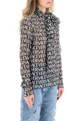 Pre-owned Versace All Over Logo Printed Silk Ladies Shirt Size 44 (us 8) In Black