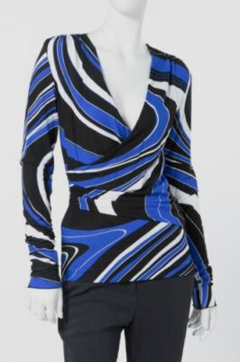 $790 Emilio Pucci Women's Blue Wave Print Long Sleeve Wrap Top Size IT40 US6