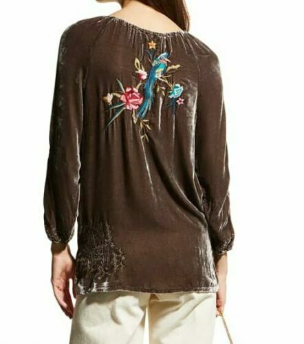 Pre-owned Johnny Was Gen Velvet Embroidered Peasant Blouse Top Jasper Blue Size S
