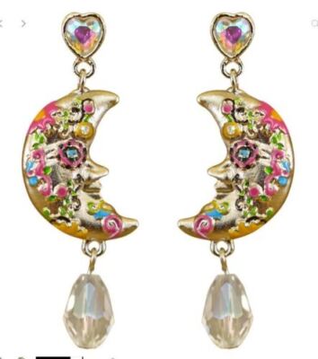 Kirks Folly Sugar Skull Moon Pierced Earrings Gold tone Halloween 